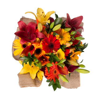 Fall Explosion Bouquet with Burlap Fall flowers - fresh-cut flowers by Bloomingmore - ideal for weddings and floral events