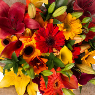 Fall Explosion Bouquet with Burlap Fall flowers - fresh-cut flowers by Bloomingmore - ideal for weddings and floral events